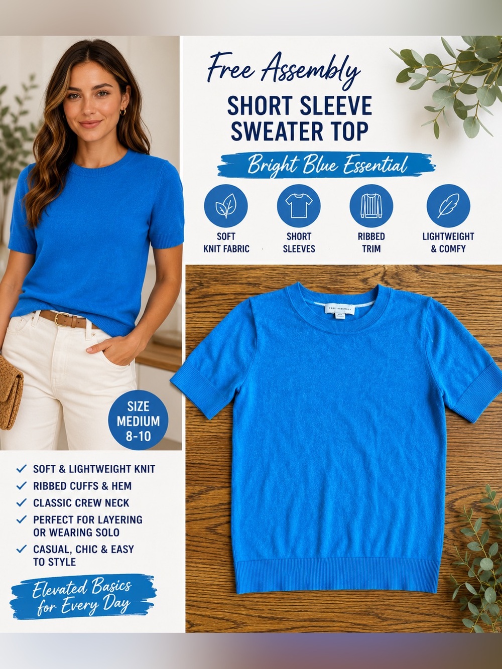 Free Assembly Women’s Blue Short Sleeve Sweater Top Medium 8-10